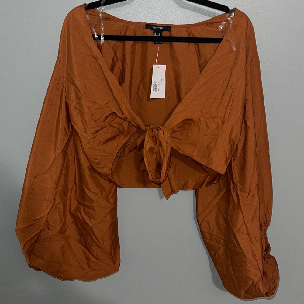 Orange Balloon Sleeve Tie Top